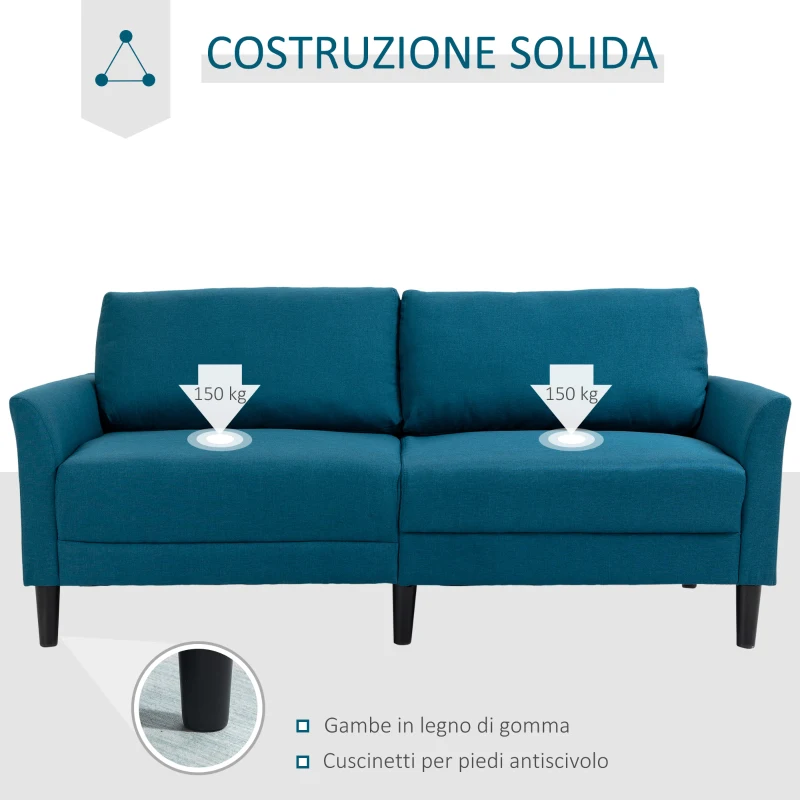 HOMCOM Divano 3 Posti in Tessuto con Seduta Profonda e Imbottitura Spessa, 191x79x87 cm, Blu Pavone