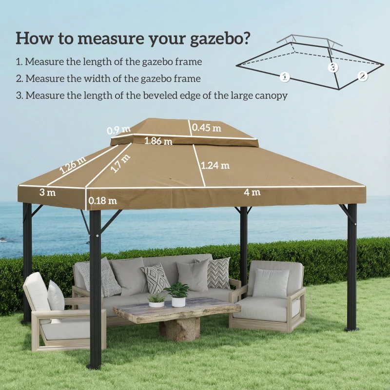 Outsunny Prelată de schimb pentru pavilion 4 x 3 m, acoperiș dublu cu orificii de scurgere, poliester 370 g/m², beige