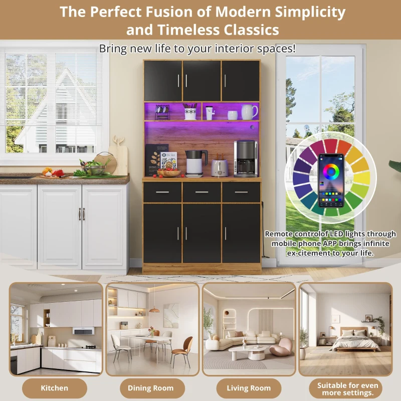 Stylish Tall Pantry Cabinet with App-Controlled LED, Spacious Larder Unit with Water-Resistant Worktop, 100L x 40W x 180H cm, Natural+Black