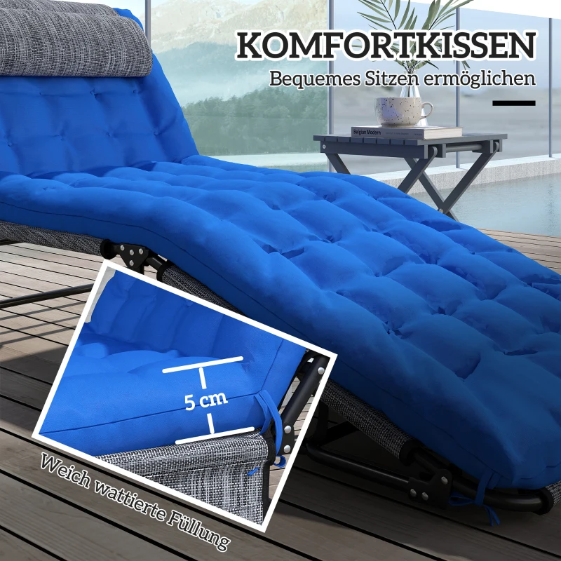 Outsunny Zonneligstoel met 4-Standen Verstelbare Rugleuning, Kussen, Zijvak, Hoofdsteun, 68 x 189 x 30 cm, Blauw