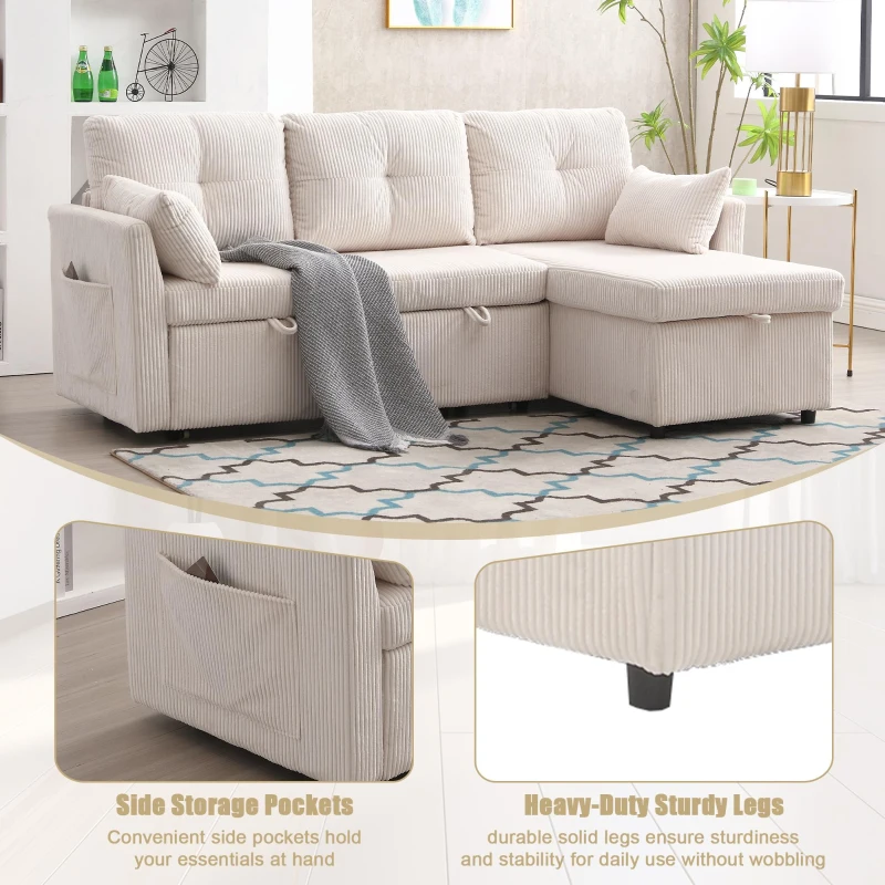 L-Shaped Convertible Sectional Sleeper Sofa with Pull Out Bed, 3-In-1 Convertible Sofa with High Storage Chaise, 206L x 130W x 88H cm, Beige