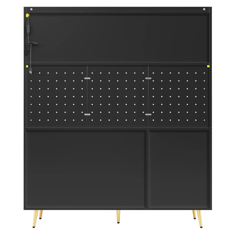 Country-Style Sideboard with Fluted Glass Doors and App-Controlled LED Strip, Storage Buffet with Pegboard Back, 145L x 39W x 171H cm, Black