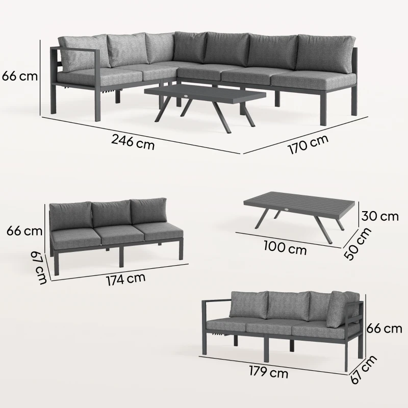 Outsunny 3 Pieces Garden Furniture Set, Aluminium Corner Lounge Set with Adjustable Backrest and Coffee Table