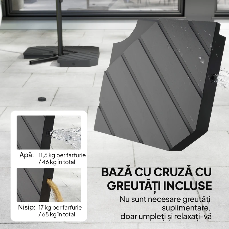 Outsunny Umbrelă de Grădină Offset 3x3 m, Umbrelă de Exterior cu Greutăți Reumplibile, Bază în Formă de Cruce, Sistem de Blocare, Manivelă, pentru Piscină Terasă, UV 30+, Gri Închis