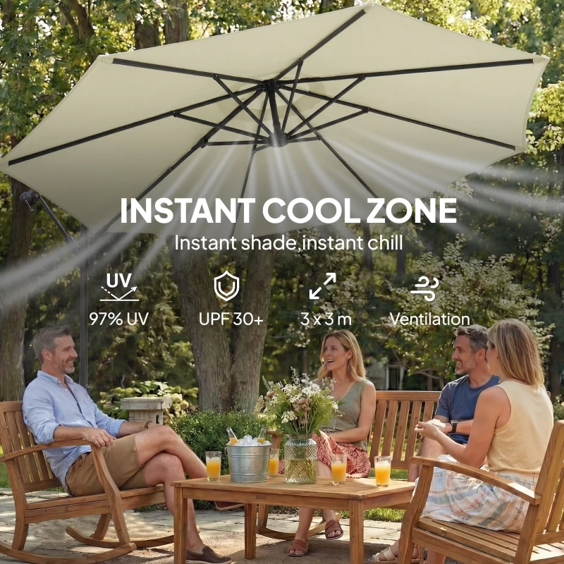 Outsunny 3 m Garden Cantilever Parasol with Cross Base, Sandbag, 360° Rotating Overhanging Banana Umbrella, Beige