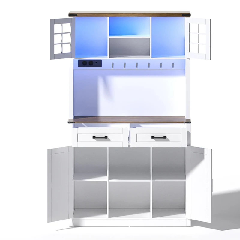 Tall Kitchen Pantry with Drawers and Remote-Controlled LEDs, Stylish Bar Cabinet with Adjustable Shelves, 100L x 40W x 172H cm, Brown+White