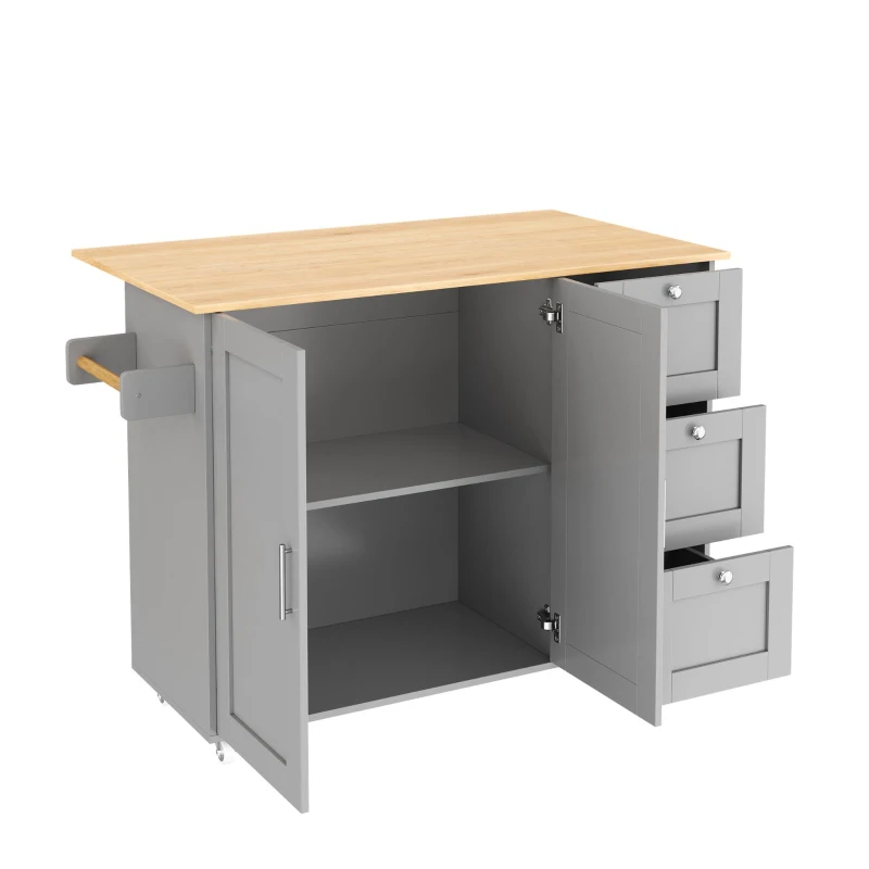 Versatile Kitchen Island with 3 Drawers and 2-Door Cabinet, Space-Saving Rolling Trolley with Foldable Worktop, 135L x 70W x 90H cm, Grey