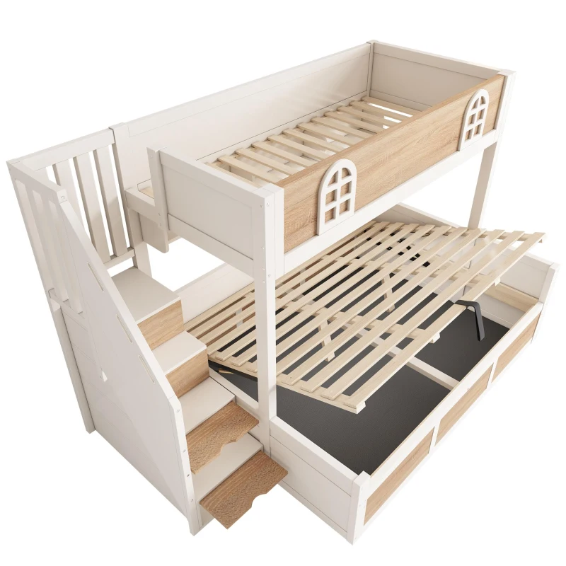 Cabin-Style Bunk Bed with Staircase Storage Cube & Hanging Baskets, Hydraulic-Lift Bed for Children, 244L x 140W x 155H cm, Natural+White