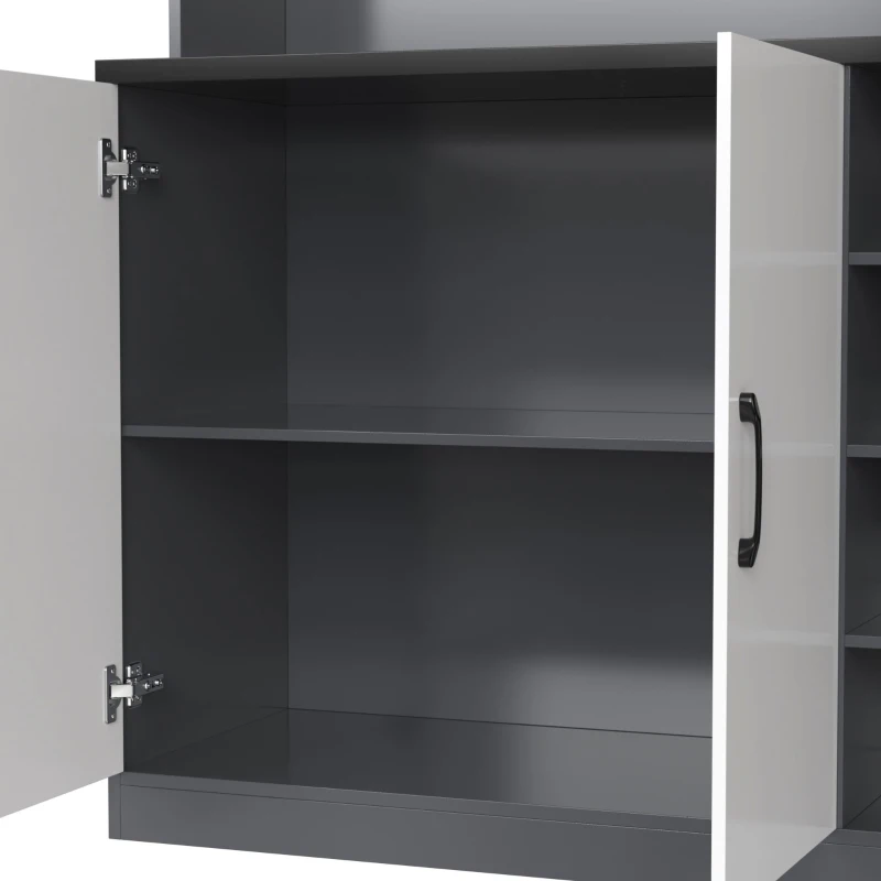 Tall Kitchen Cupboard with LED Lighting and Generous Storage, Freestanding Pantry with Microwave Shelf, 100L x 47W x 187H cm, White+gray