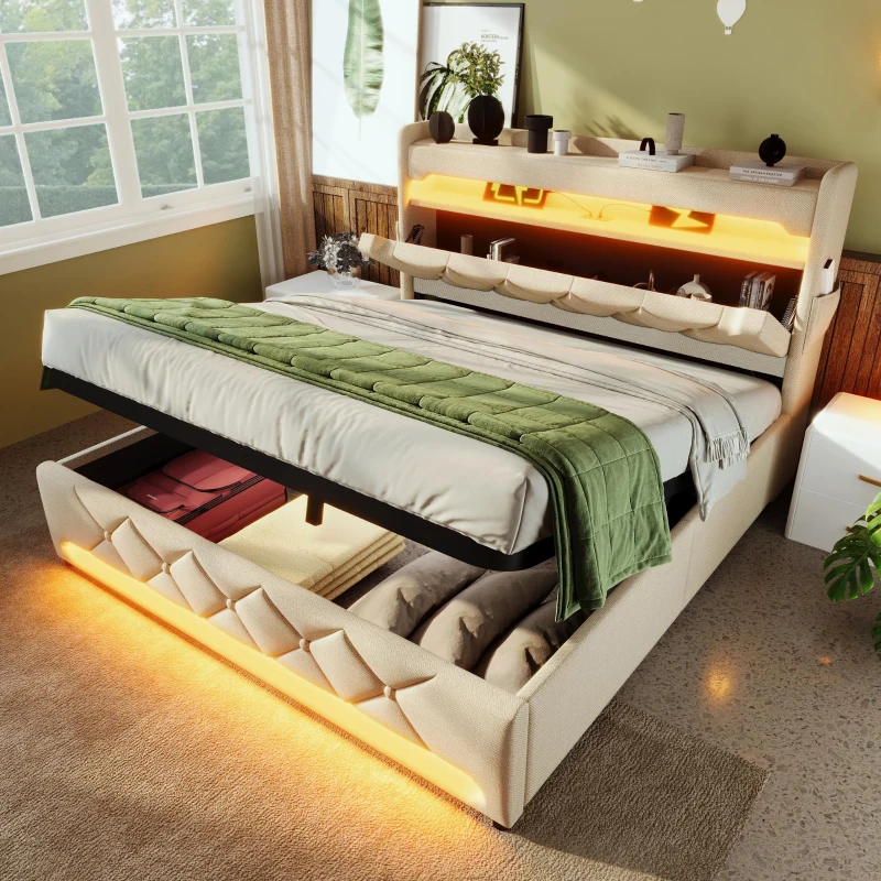 Upholstered Storage Bed with Integrated LED Lighting and USB Ports, Hydraulic Bed with Metal Slatted Frame, 225L x 156W x 111H cm, Beige