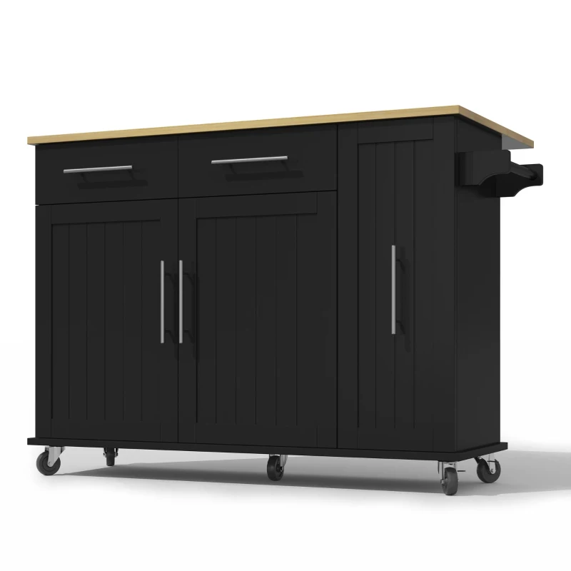 Sleek Kitchen Trolley with Drop Leaf and Pull-Out Organiser, Mobile Kitchen Island with Lockable Castors, 120L x 40W x 90H cm, Black+Natural