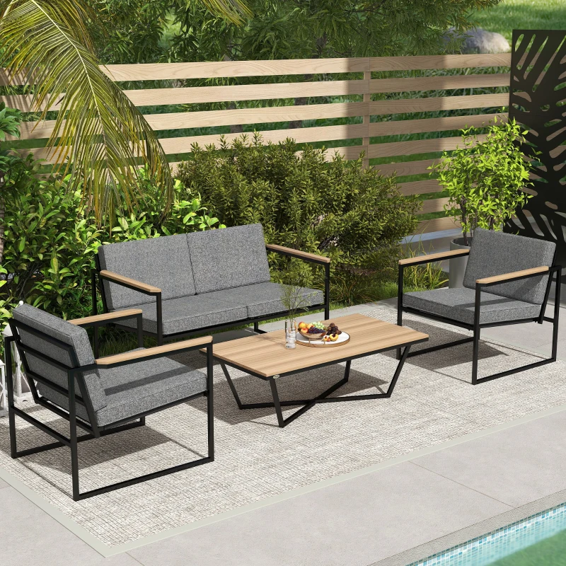 Outsunny Set mobilier de grădină pentru 4 persoane, rezistent la intemperii, set mobilier balcon cu sofă 2 locuri, 2 scaune, perne, măsuță laterală Gri