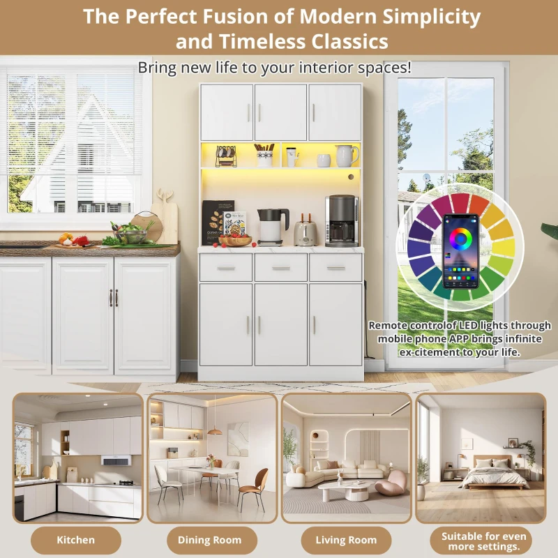 Stylish Tall Pantry Cabinet with App-Controlled LED, Spacious Larder Unit with Water-Resistant Worktop, 100L x 40W x 180H cm, White