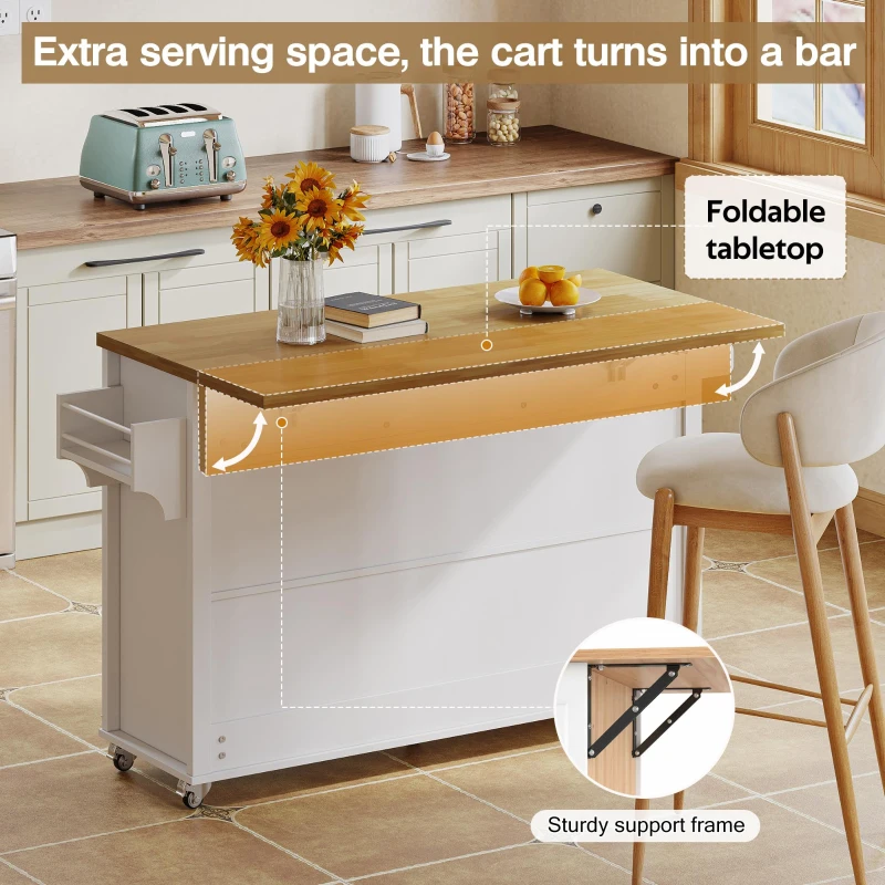 Mobile Kitchen Island with 5 Lockable Castors and Central Wheel, Practical Cart with Foldable Tabletop, 140L x 70W x 90.5H cm, White+Natural