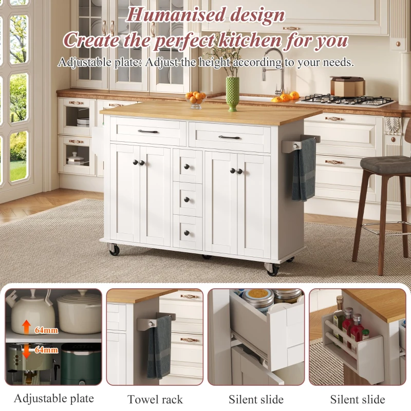 Versatile Kitchen Trolley with Extendable Worktop and 5 Drawers, Sturdy Buffet with Lockable Castors, 140L x 65W x 89H cm, White+Natural