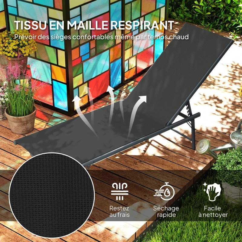 Outsunny Lot de 2 bain de soleil chaise longue pliante textilène transat jardin extérieur inclinable 54 x 164 x 84 cm noir
