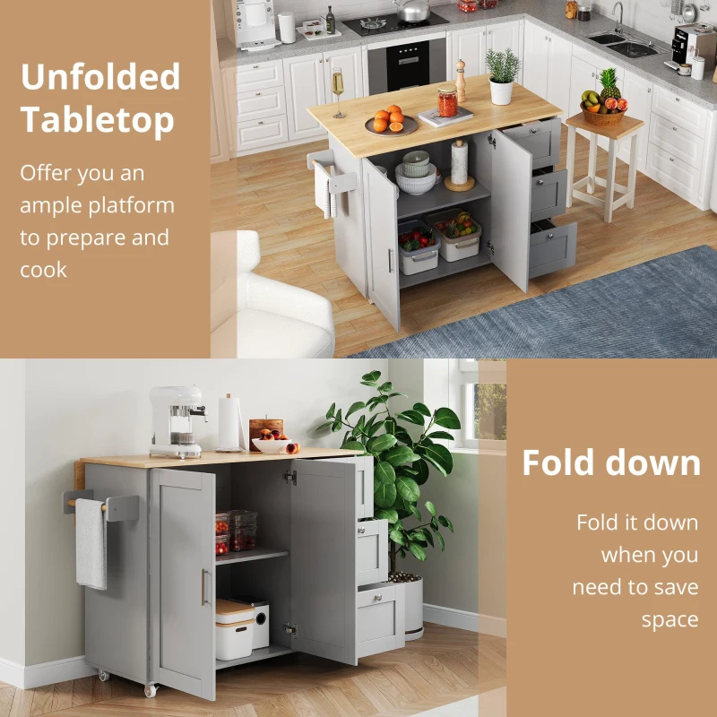 Versatile Kitchen Island with 3 Drawers and 2-Door Cabinet, Space-Saving Rolling Trolley with Foldable Worktop, 135L x 70W x 90H cm, Grey