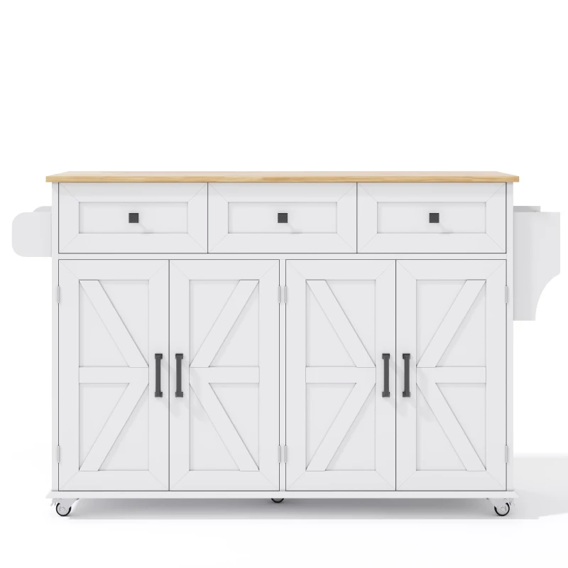 Practical Kitchen Island with 3 Drawers, Door-Mounted Shelf, Trendy Cart with Foldable Countertop, 140L x 70W x 90.5H cm, White+Natural