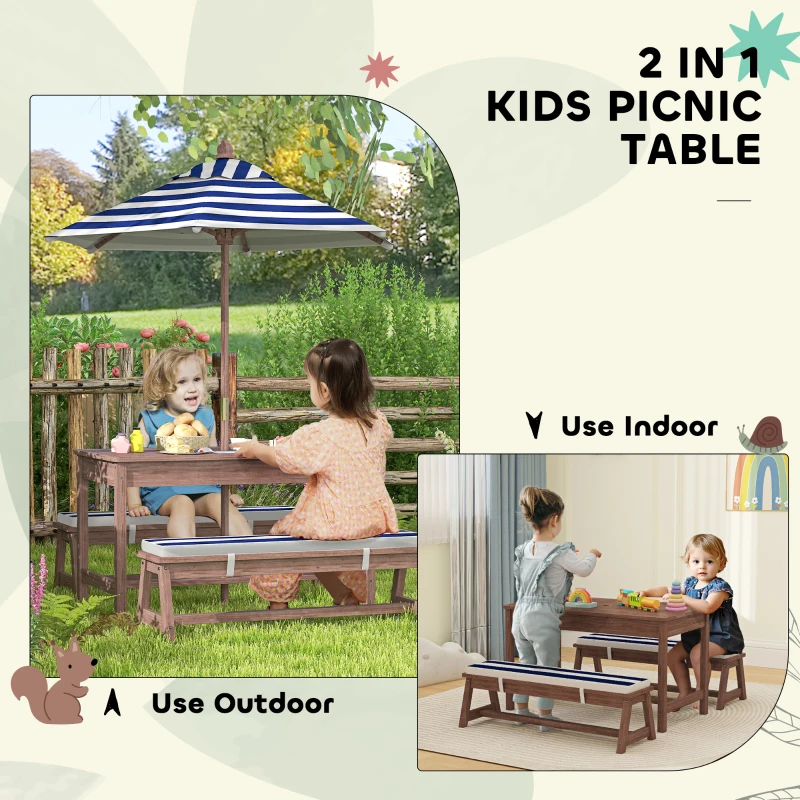 AIYAPLAY Outdoor Wooden Kids Picnic Table & Bench Set with Cushions and Umbrella, for Patio, Garden, Navy Blue