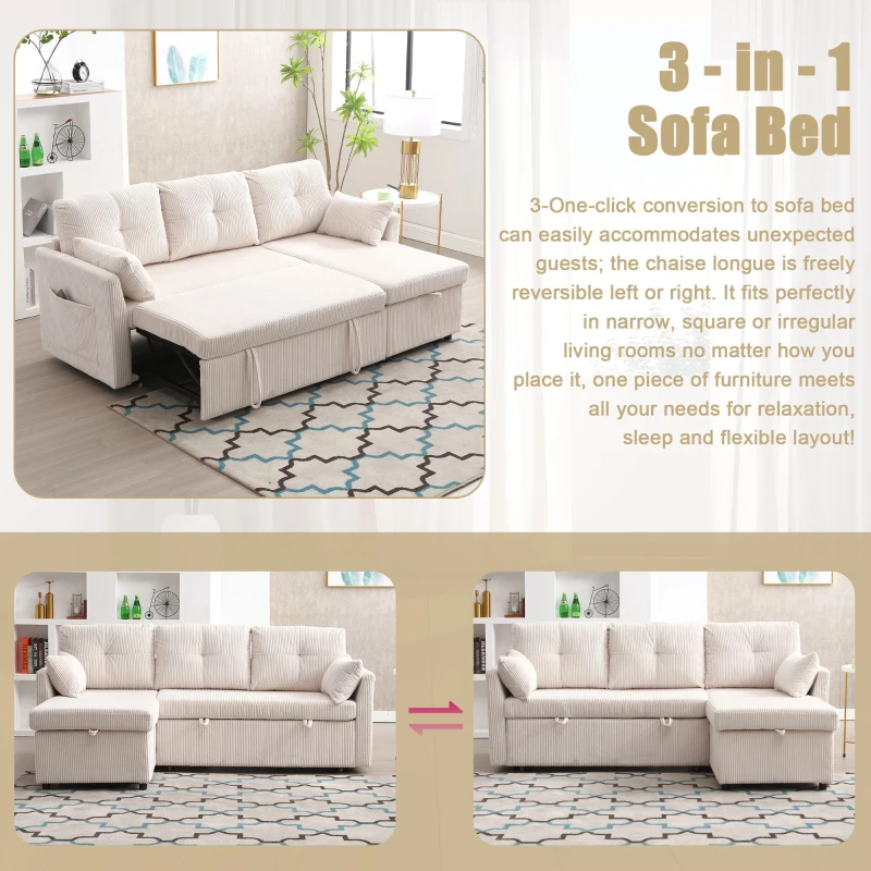 L-Shaped Convertible Sectional Sleeper Sofa with Pull Out Bed, 3-In-1 Convertible Sofa with High Storage Chaise, 206L x 130W x 88H cm, Beige