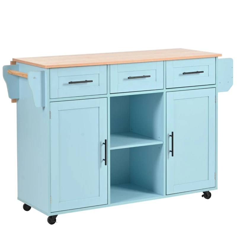 Stylish Kitchen Trolley with Foldable Wood-Grain Countertop, Versatile Buffet with Interchangeable Wheels, 139L x 46W x 91H cm, Blue