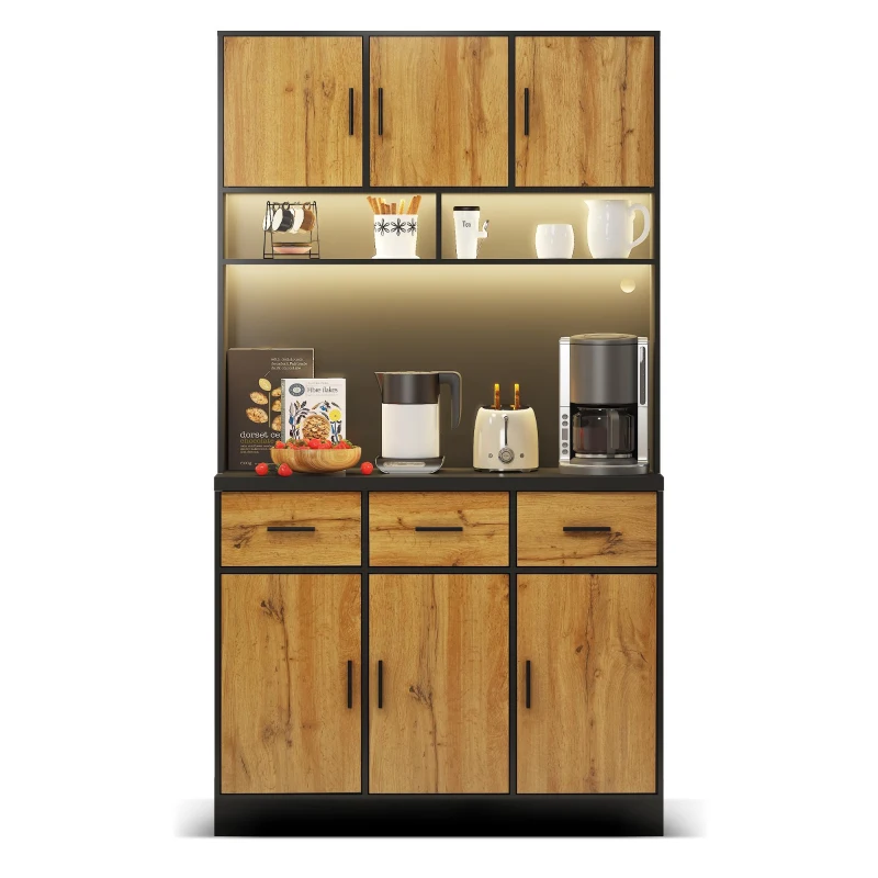 Stylish Tall Pantry Cabinet with App-Controlled LED, Spacious Larder Unit with Water-Resistant Worktop, 100L x 40W x 180H cm, Black+Natural