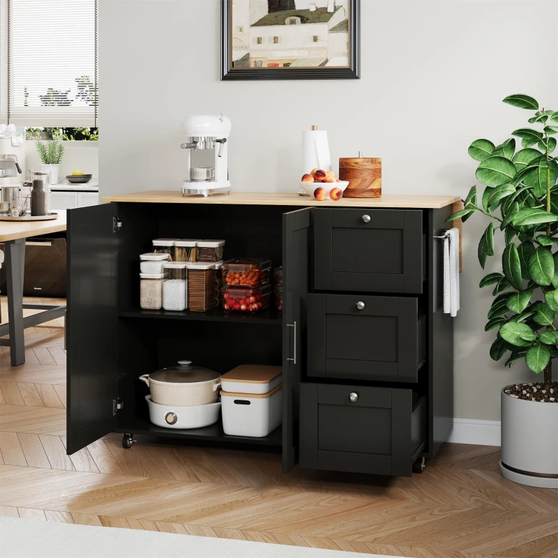 Versatile Kitchen Island with 3 Drawers and 2-Door Cabinet, Space-Saving Rolling Trolley with Foldable Worktop, 135L x 70W x 90H cm, Black
