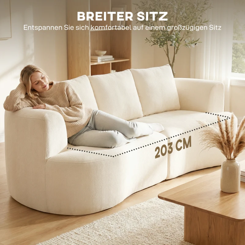 HOMCOM 3-Sitzer-Sofa, 260 cm Chenille-Sofa mit breiter Sitzfläche, Federkernpolsterung, hochdichtem Schaumstoff, 3 Kissen, cremeweiß