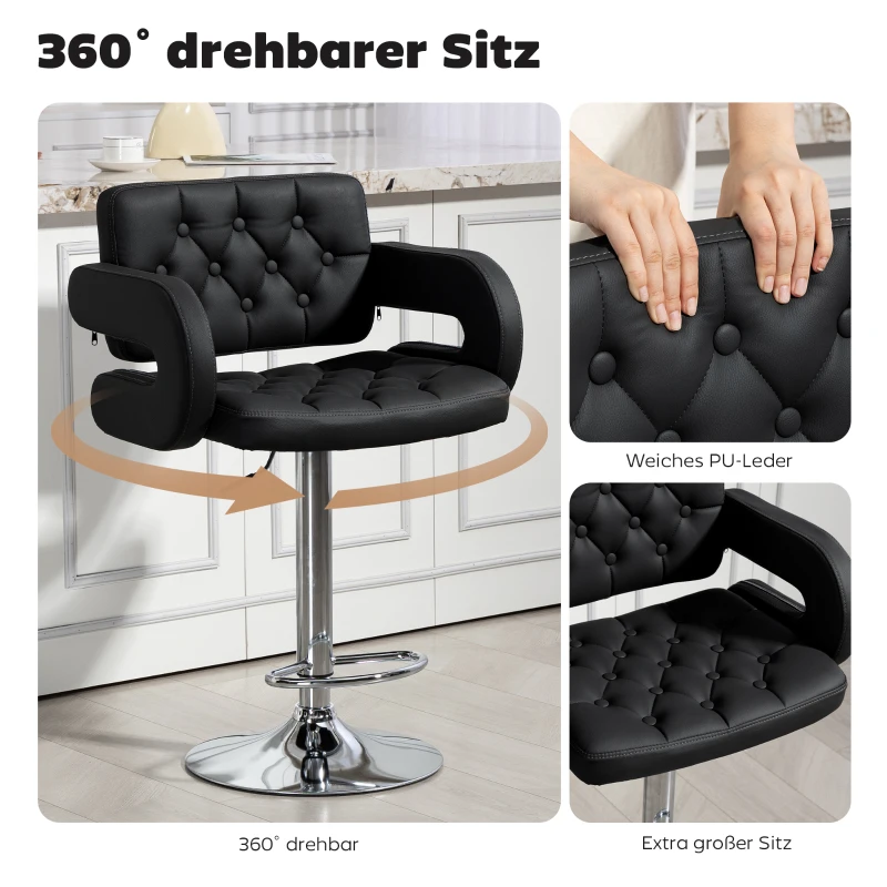 HOMCOM Barhocker, Höhenverstellbar 360° Drehbar Barstuhl mit Metallgestell, Lehne, Fußstütze, 61x50x93-113 cm, Schwarz