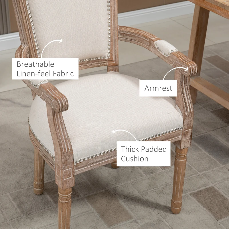 HOMCOM Krzesło do jadalni, krzesło kuchenne, dekoracyjne gwoździe, francuski rustykalny styl, drewno kauczukowe, kremowy, 54,5 x 59 x 96 cm