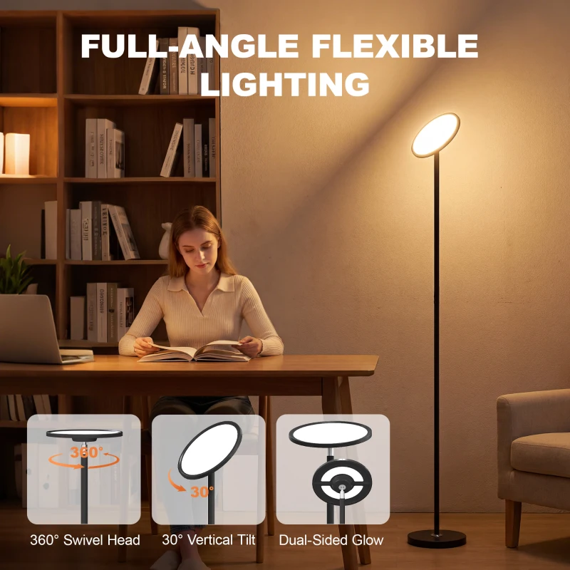 HOMCOM Uplighter Floor Lamp with Tuya App and Music Sync, Standing Lamp with Adjustable Head for Living Room Bedroom, Black