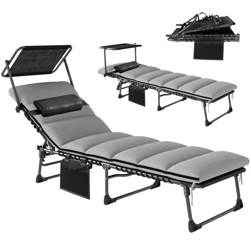 Outsunny Folding Sun Lounger with Canopy, Reclining Sunbed with Cushion, Side Pocket, Carrying Handle, Light Grey