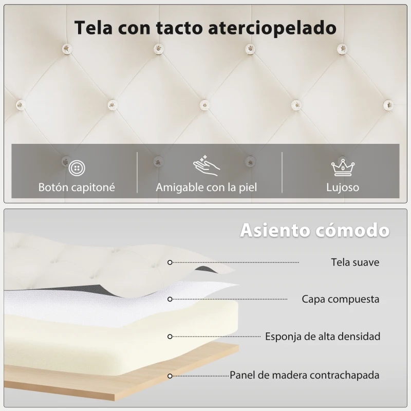 HOMCOM Banco Pie de Cama Tapizado en Terciopelo Diseño Capitoné Base de Metal para Dormitorio Entrada Salón Crema