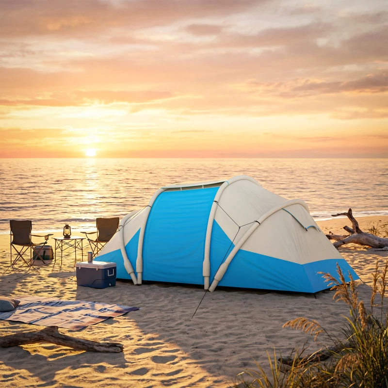 Outsunny Inflatable Tent 2 Bedroom 3000mm Waterproof Windproof Air Tent with Carry Bag for 2-4 Person