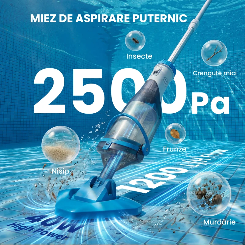 Outsunny Aspirator pentru Piscină Portabil Fără Fir, cu Perie, Ușor, cu Mâner Reglabil 63-150 cm pentru Piscine Mici, Spa, Iazuri