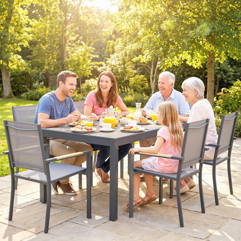 Outsunny Set da pranzo da esterno per 6 persone con tavolo e sedie impilabili, Grigio scuro