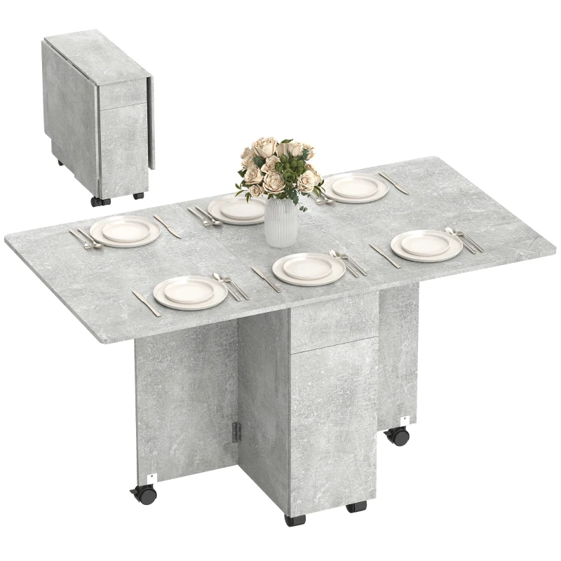 HOMCOM Tavolo da Pranzo Pieghevole a Ruote con 2 Cassetti, 2 Ante e Armadietto, in Legno, 140x76x74 cm, Grigio Cemento
