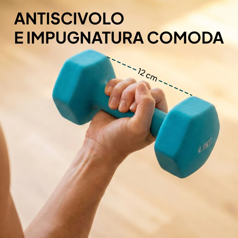 SPORTNOW Set 8 Manubri Pesi Esagonali Antiscivolo con Supporto, in Metallo e Plastica, Multicolore