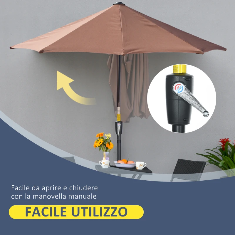Outsunny Ombrellone a Mezzaluna Doppio 2x2 m con Apertura a Manovella e Supporto a Croce, in Acciaio e Poliestere, Caffè