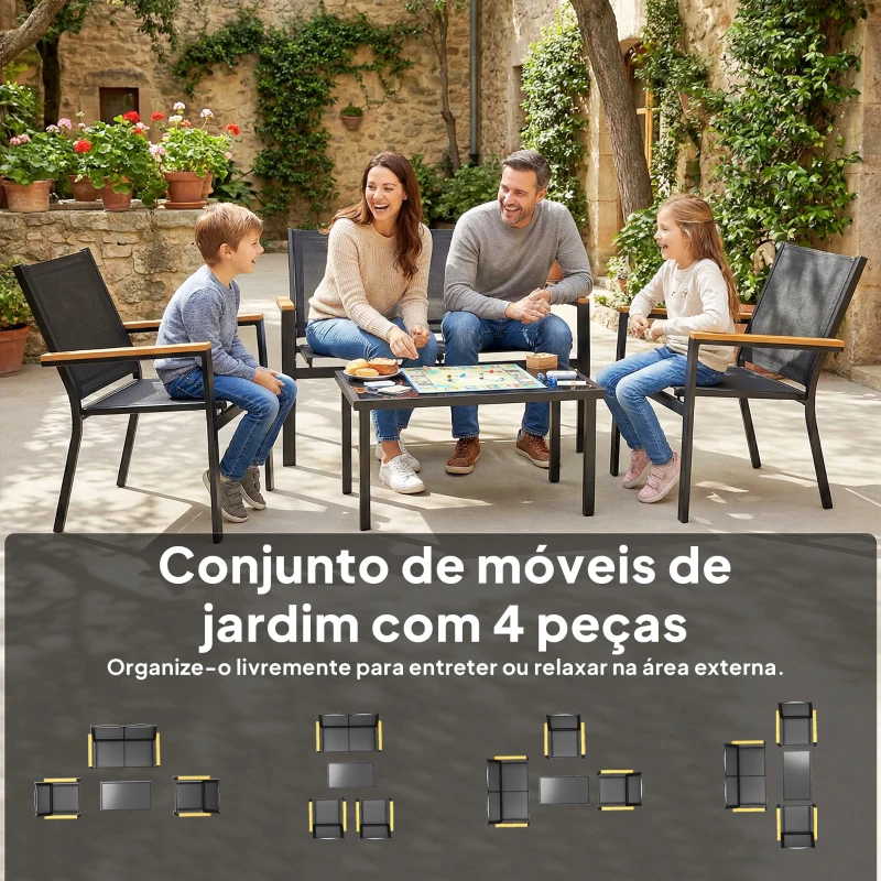 Outsunny Conjunto de Jardim Exterior de 4 Peças com Sofá de 2 Lugares 2 Cadeiras e Mesa de Vidro Temperado Tecido Textilene Preto