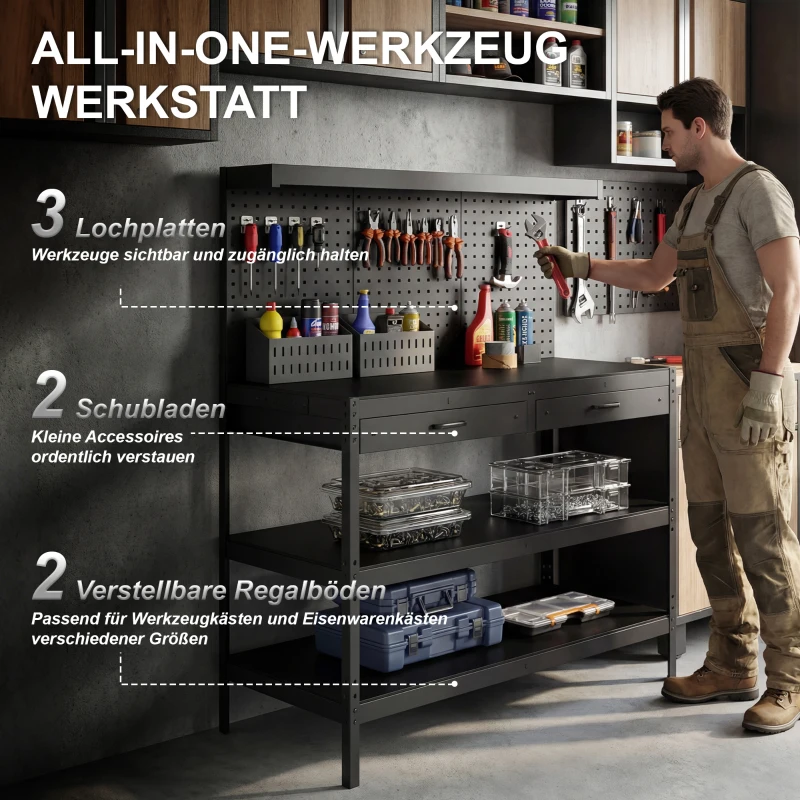 HOMCOM Werkbank met verstelbare planken, robuuste werkstation met perforatiewand en 2 lades, 122 x 61 x 156 cm, Zwart