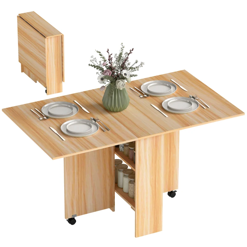 HOMCOM Mesa de Comedor Plegable con Ruedas Mesa Auxiliar Multifuncional con Alas Abatibles y Estantes 140x80x74cm Madera