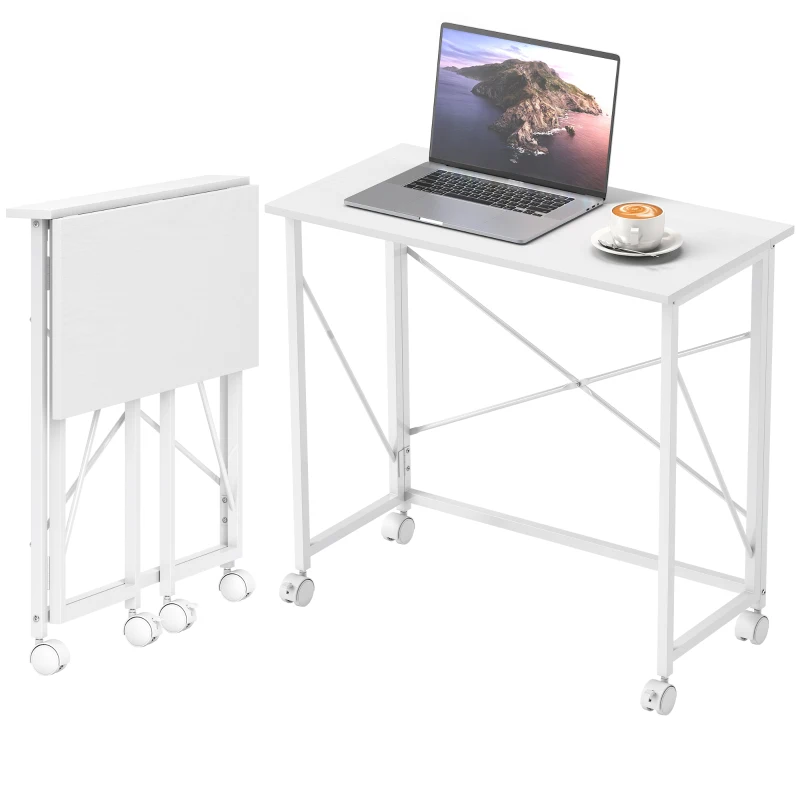 HOMCOM Schreibtisch mit Rollen Faltbarer Bürotisch mit Stahlgestell für Arbeitszimmer Schlafzimmer 80 x 40 x 75 cm Weiß