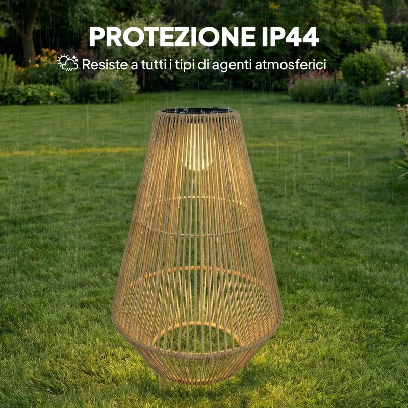 Outsunny Lampada Solare Impermeabile con Accensione Automatica, in Rattan e Acciaio, 35x35x55 cm, Giallo