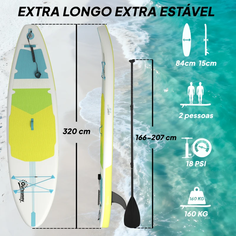 Outsunny Prancha de Paddle Surf Insuflável 320 cm com Superfície Antiderrapante Remo de Alumínio Ajustável Quilha Bomba e Mochila