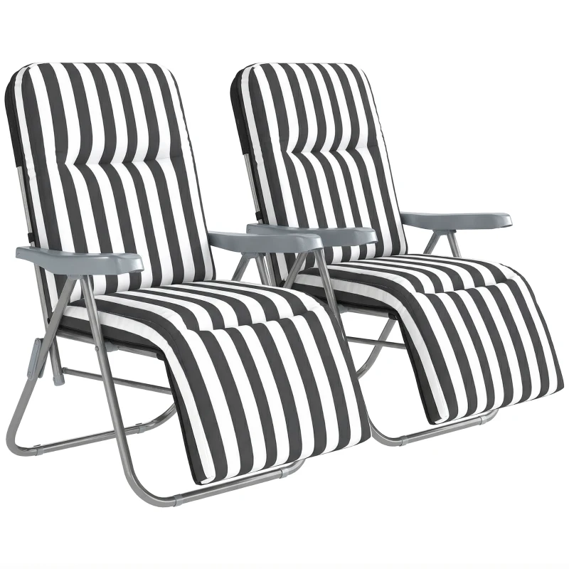 Outsunny Set of 2 Foldable Patio Sun Lounger with Adjustable Backrest and Cushion, Grey and White