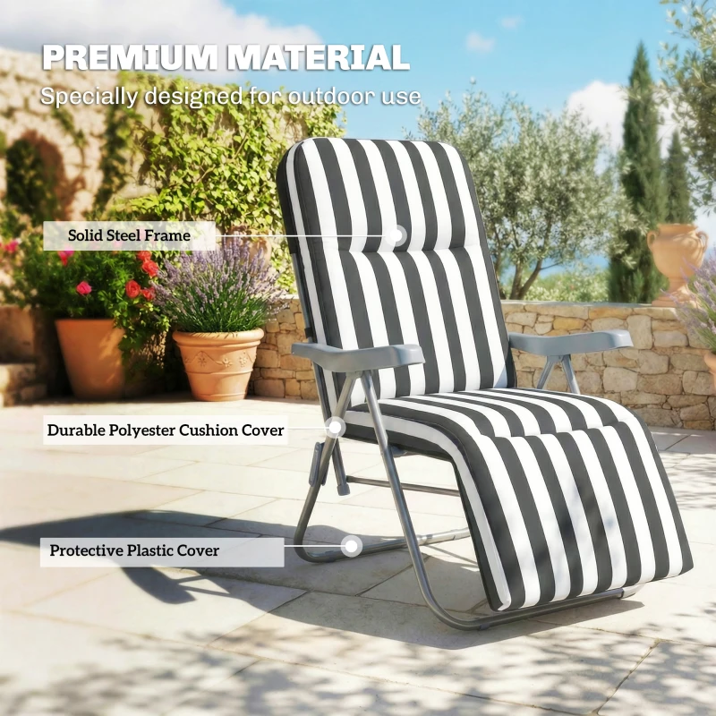 Outsunny Set of 2 Foldable Patio Sun Lounger with Adjustable Backrest and Cushion, Grey and White