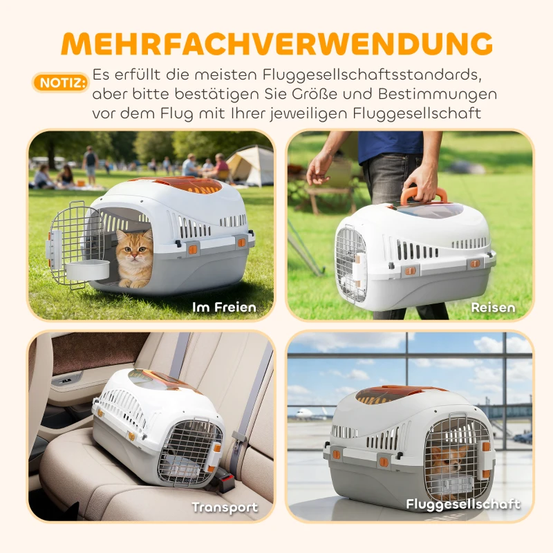 PawHut Transportbox voor kat en miniatuurhonden tot 4 kg, hondenbox met dakopening en voerbak, 49x32x31 cm, lichtgrijs