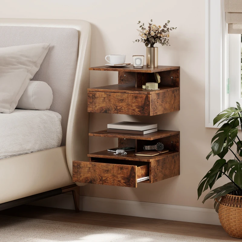 HOMCOM Set di 2 Comodini Sospesi con Cassetto e Mensola Aperta, 35x32x22.5 cm, Marrone Rustico