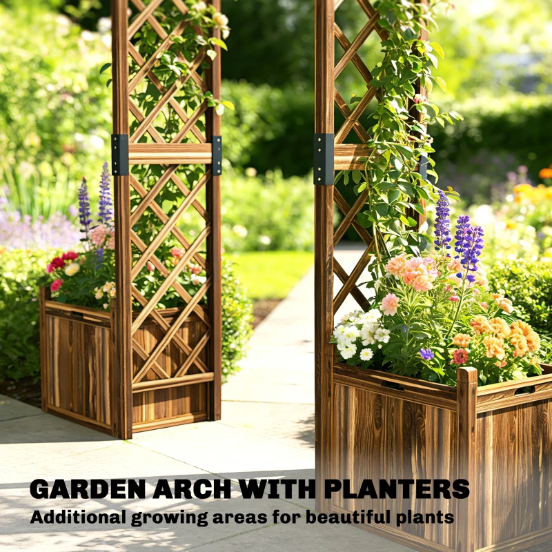 Outsunny Wooden Garden Arch with 2 Planter Boxes, Outdoor Rose Arch Trellis for Climbing Vines, Carbonised